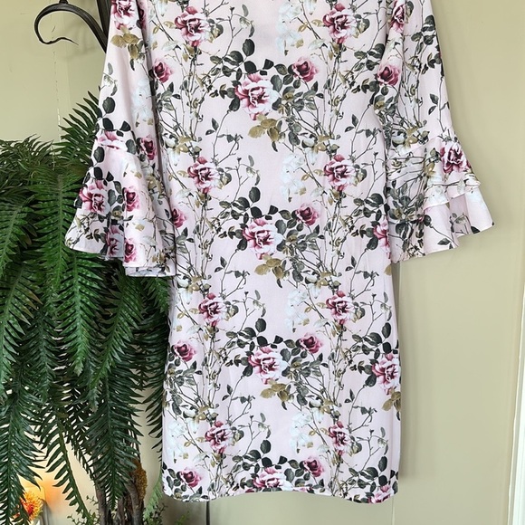 NWOT Femina Flaunt Pale Pink Floral Shift Dress 3/4 Ruffle Sleeves Boat Neck - Picture 5 of 15